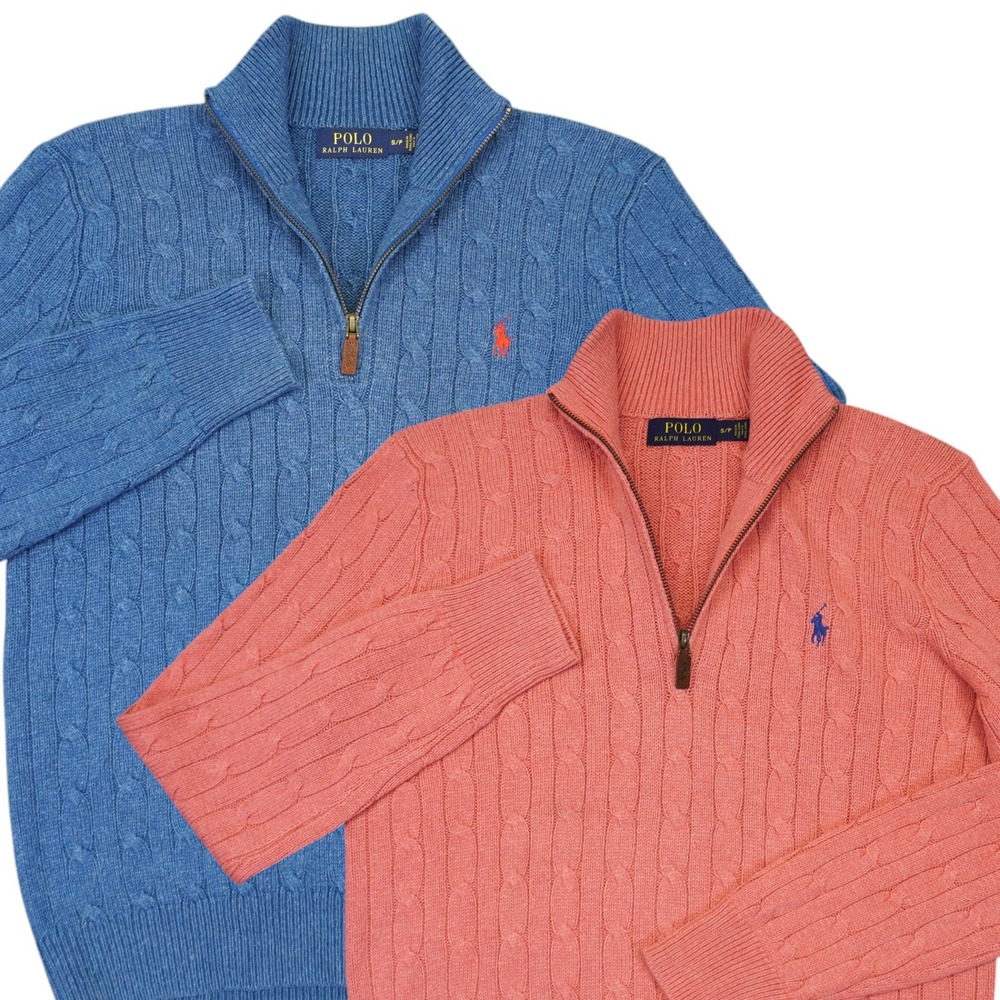 (Lot of 2) Polo Ralph Lauren 1/4 Zip Silk Sweater Men Small Blue Pink Cable Knit